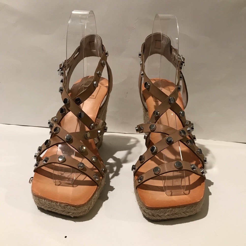 Dolce Vita Maxton Tan Espadrille Strappy Studded Square Toe Wedge Sandals 6 1/2